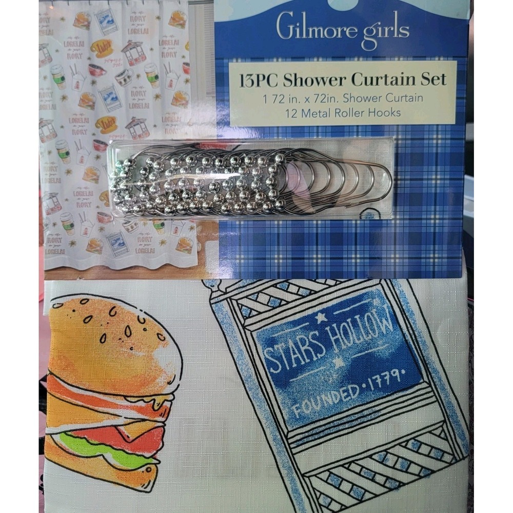 GILMORE GIRLS Luke's Diner Icons AOP Fabric Shower Curtain 72"x 72" 13Pc & Hooks